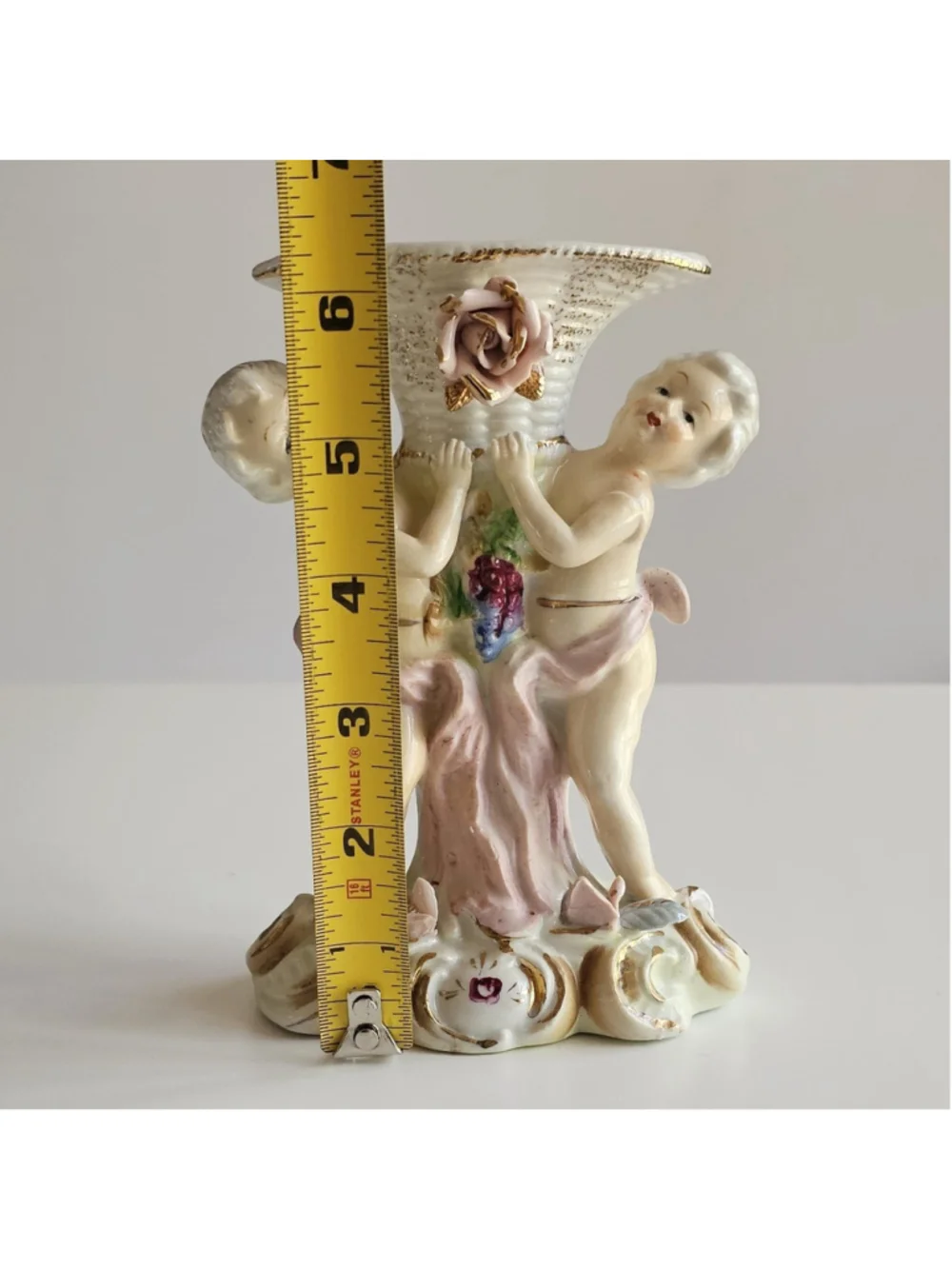 Porcelain Double Cherub Figural Vase Basketweave Grapes & Rose Gilt 6.25